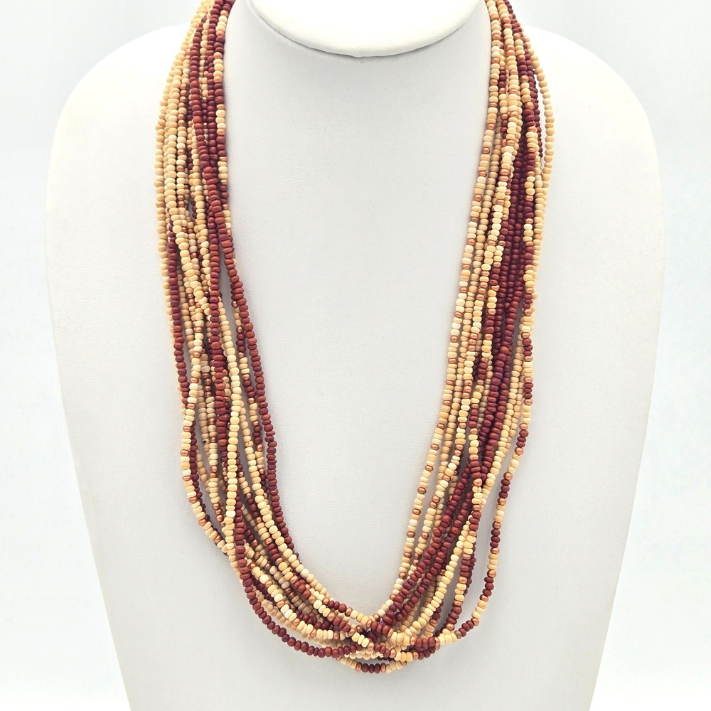 Vintage Multi Strand Bovine Bone Bead Necklace Chevron Focal Beads Boho 26"